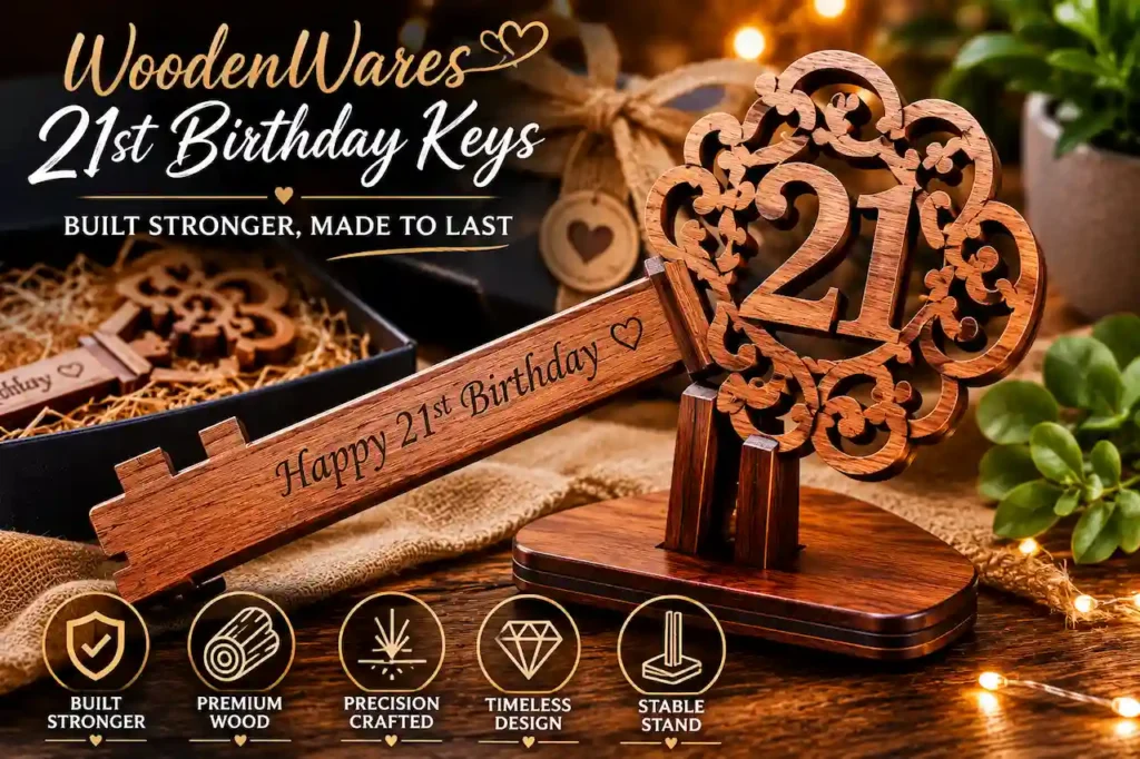 **Alt Text (under 120 characters):** Premium handcrafted wooden 21st birthday key with durable timber, precision finish and sturdy display stand.