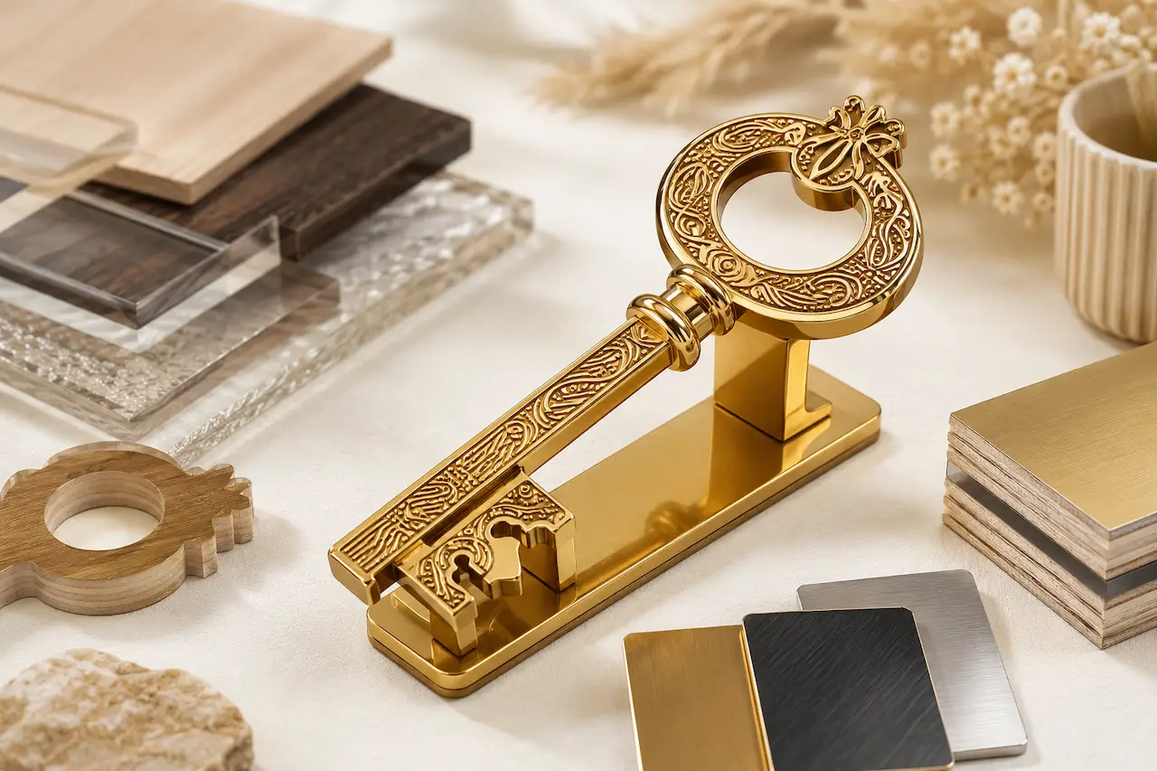 Premium gold birthday key on a sturdy stand with timber, acrylic and metal material samples.