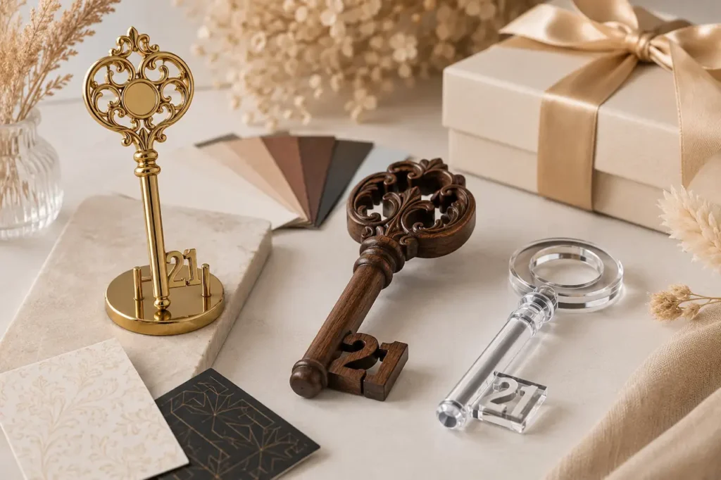 Gold, wooden and acrylic 21st birthday keys displayed with colour swatches and a gift box.