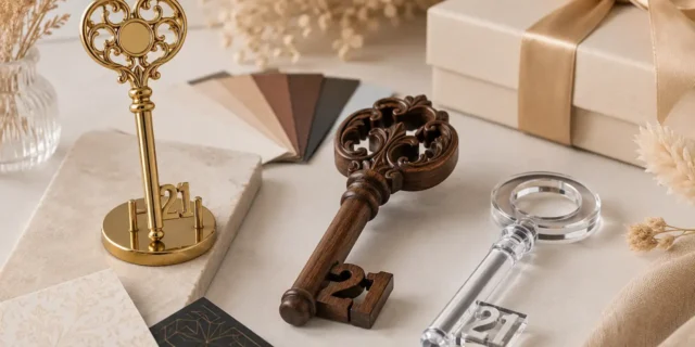 Gold, wooden and acrylic 21st birthday keys displayed with colour swatches and a gift box.