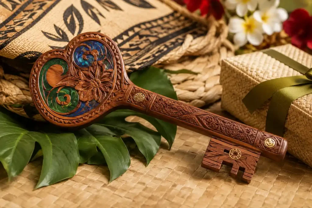 Personalised Apia birthday key with Samoan-inspired carving, woven mat, tropical leaves and flowers.