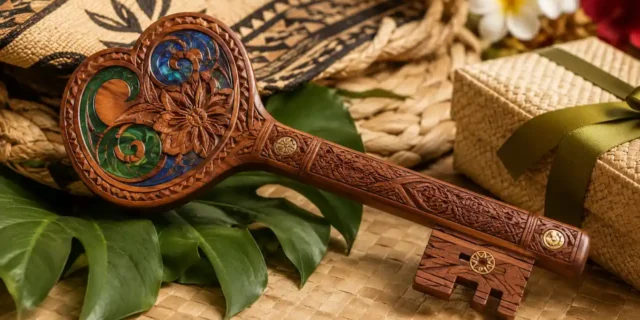 Personalised Apia birthday key with Samoan-inspired carving, woven mat, tropical leaves and flowers.