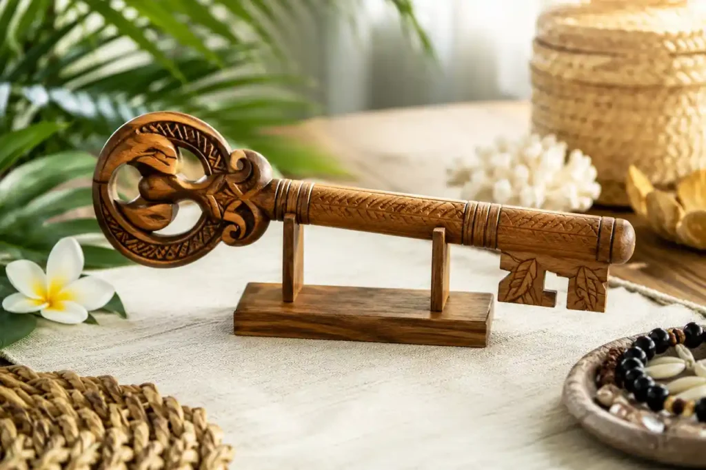 Manono birthday key with Samoan-inspired carving displayed among tropical leaves, flowers and woven décor.