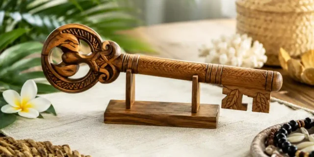 Manono birthday key with Samoan-inspired carving displayed among tropical leaves, flowers and woven décor.