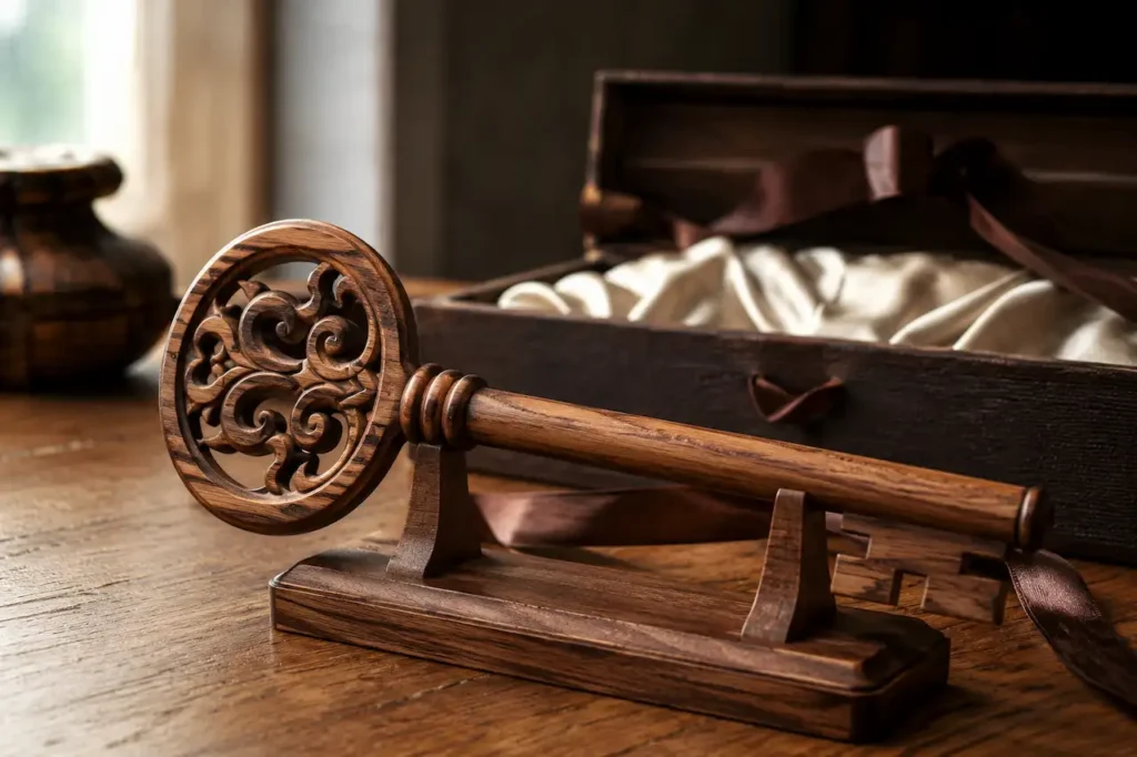 Elegant wooden birthday key displayed on a matching stand beside an open gift box, highlighting a milestone keepsake built to last.