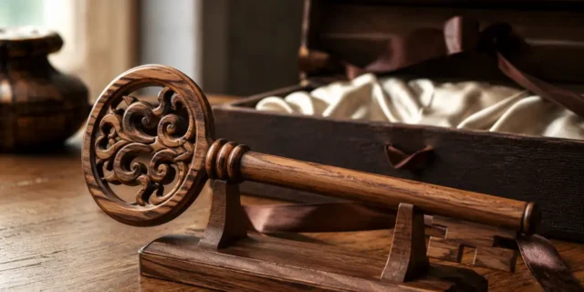 WoodenWares Birthday Key — A Milestone Gift Built to Last 126 Elegant wooden birthday key displayed on a matching stand beside an open gift box, highlighting a milestone keepsake built to last.