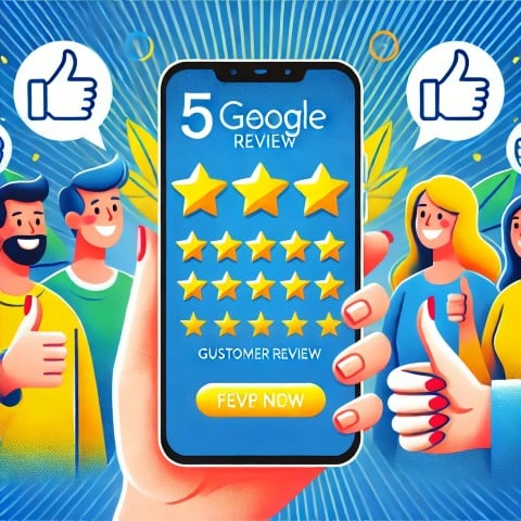 DALL·E 2025 02 02 06.41.17 A vibrant digital illustration of a smartphone screen displaying a Google 5 star review. The screen shows five golden stars highlighted a positive cu 1