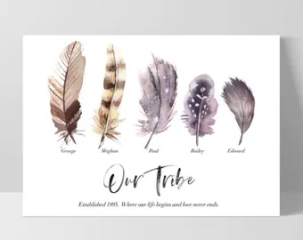 Illustrated print featuring five watercolor feathers in shades of brown, tan, lavender, and gray, each labeled with a name beneath it. The feathers are arranged in a row above the handwritten phrase “Our Tribe,” with a short line of smaller decorative text below. The artwork is displayed in a light gray frame with a white mat background.