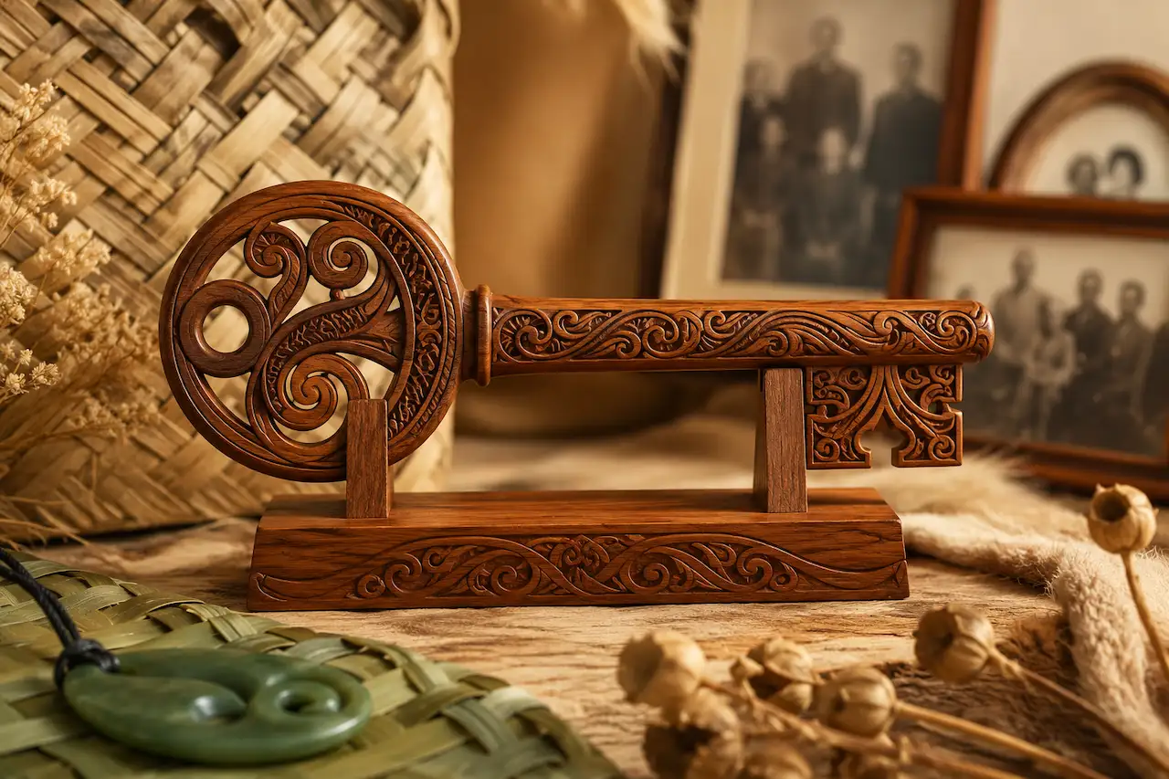 Carved Māori birthday key with koru patterns, pounamu pendant, woven flax and family photos.