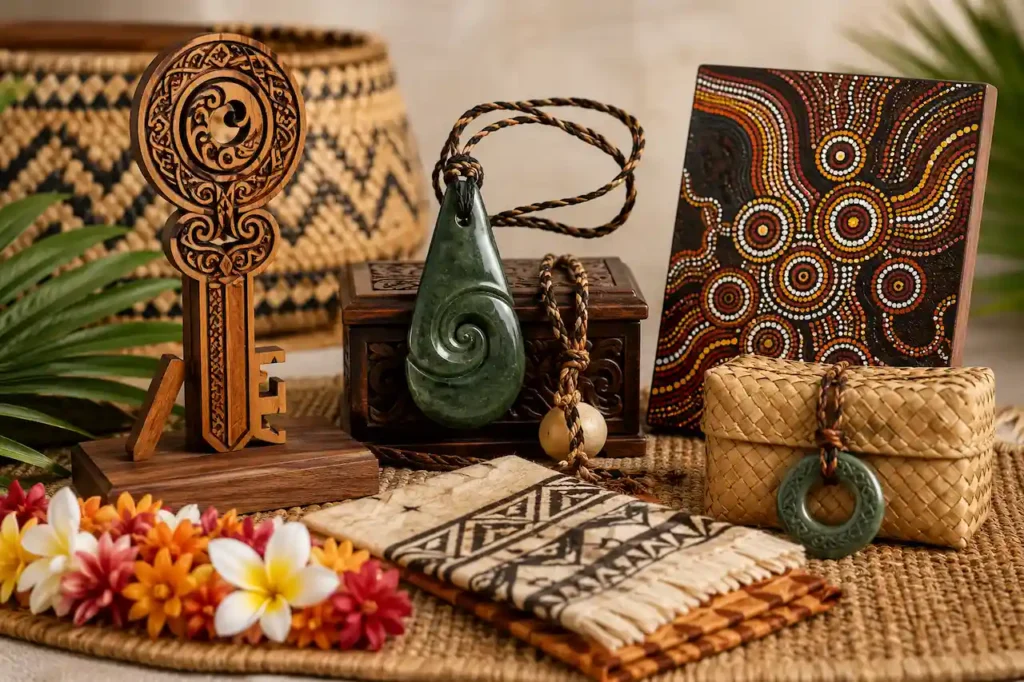 Pacific, Māori and Aboriginal milestone birthday gifts with a carved key, pounamu pendants and woven crafts.