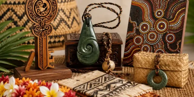 Pacific, Māori and Aboriginal milestone birthday gifts with a carved key, pounamu pendants and woven crafts.