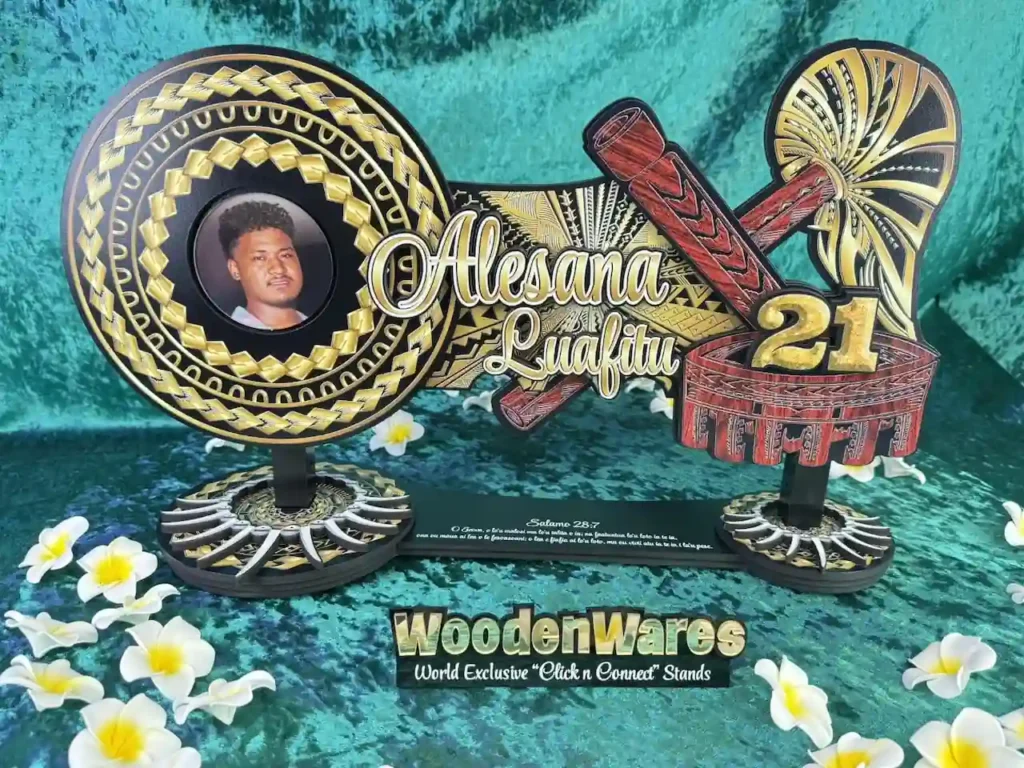 Personalised 21st birthday key featuring a custom photo, engraved name, decorative Samoan-inspired artwork, and large 21 display