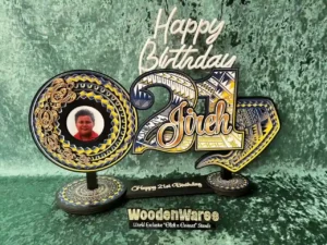 Custom 21st birthday key featuring a blue, gold, black, and white colour theme with personalised photo and name engraving