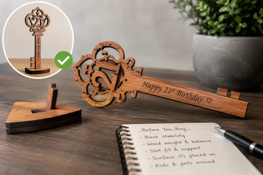 Wooden 21st birthday key lying beside its display stand, illustrating how poor stand design can cause decorative birthday keys to fall over instead of standing securely.