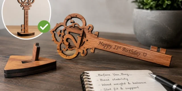 Why Does My 21st Birthday Key Keep Falling Over and What You Should Have Been Told Before Buying 117 Wooden 21st birthday key lying beside its display stand, illustrating how poor stand design can cause decorative birthday keys to fall over instead of standing securely.