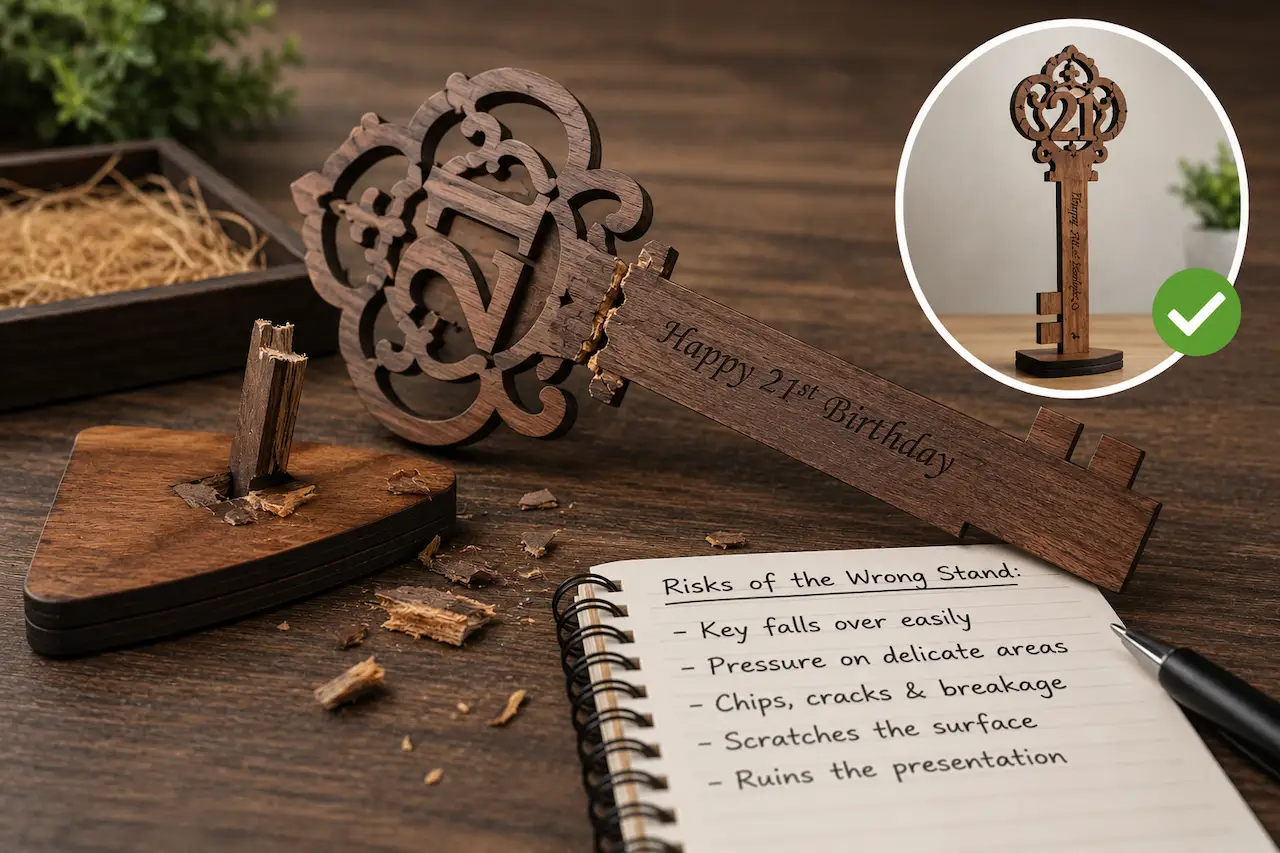 **Alt Text (under 120 characters):** Broken wooden 21st birthday key caused by an unstable display stand, highlighting the risk of poor stand design. 