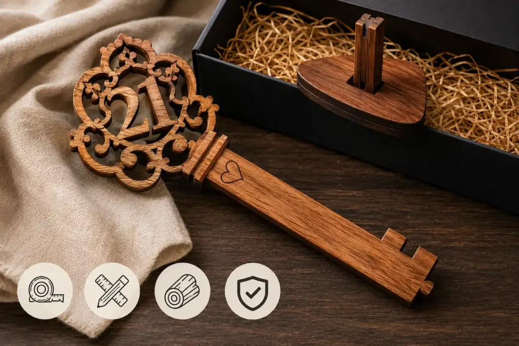 Premium wooden 21st birthday key with quality stand, showcasing ideal size, craftsmanship and durable timber construction.