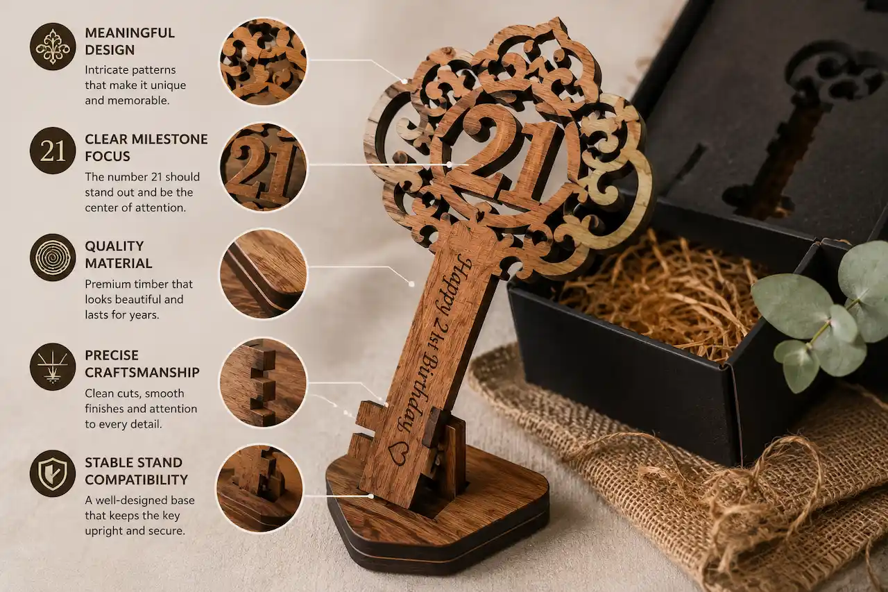 **Alt Text (under 120 characters):** Premium wooden 21st birthday key highlighting intricate design details, quality craftsmanship and elegant finish. 