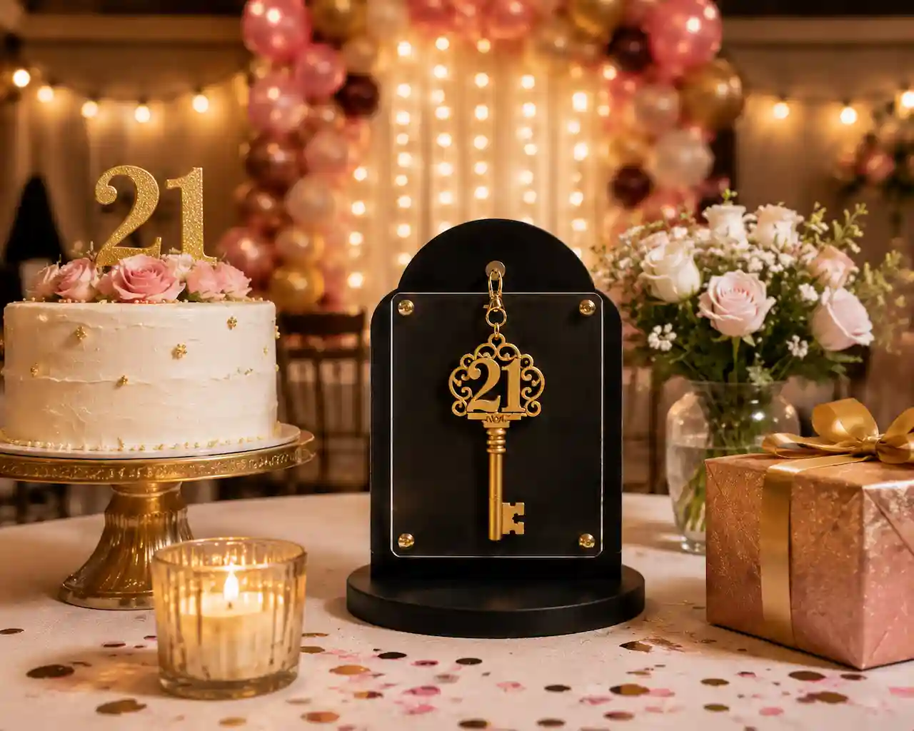 Birthday key on display stand at party celebration table
