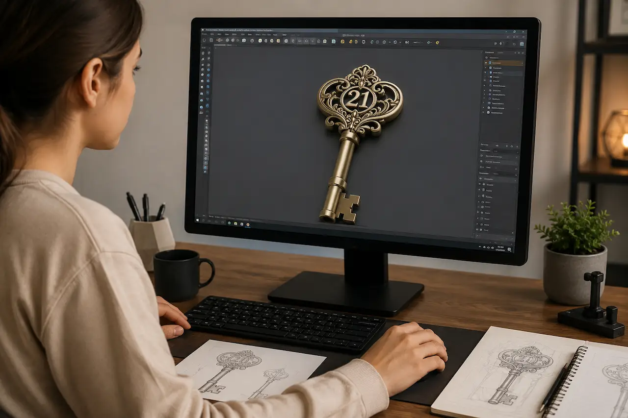 Customer reviewing a 3D draft of a custom 21st birthday key design on a computer before placing the final order