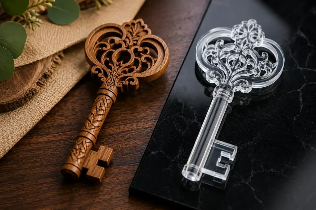 Wooden and acrylic 21st birthday keys displayed side by side to compare material, finish, and design style.