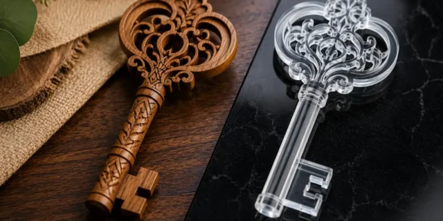 What Is the Difference Between a Wooden and Acrylic 21st Birthday Key — and Which One Should You Choose 105 Wooden and acrylic 21st birthday keys displayed side by side to compare material, finish, and design style.