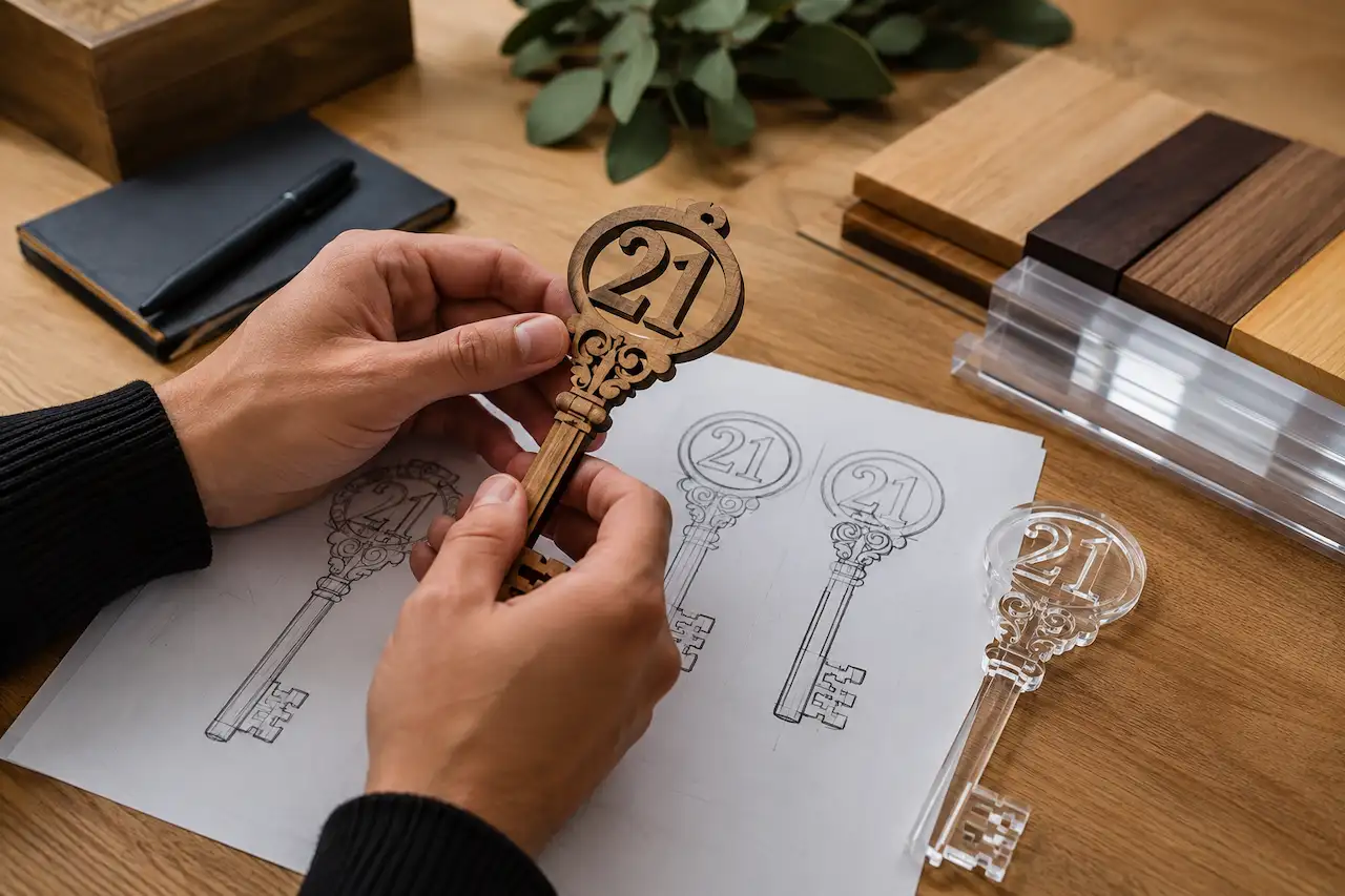 What Is the Difference Between a Wooden and Acrylic 21st Birthday Key — and Which One Should You Choose 1 Hands comparing a wooden 21st birthday key design with acrylic material samples and draft sketches on a workshop table