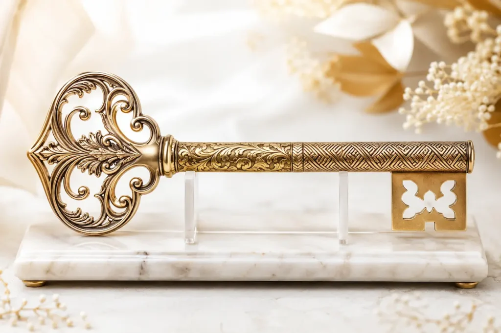 Ornate gold ceremonial birthday key with dual cultural patterns displayed on a marble stand.