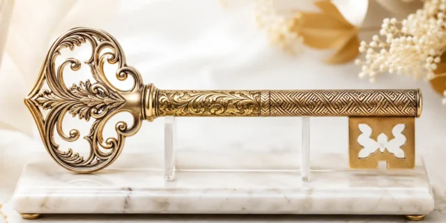 Ornate gold ceremonial birthday key with dual cultural patterns displayed on a marble stand.
