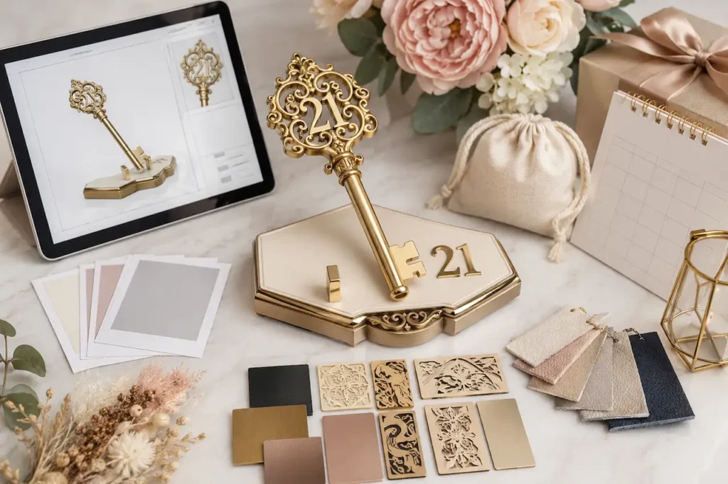 Custom 21st birthday key design checklist with a gold key, colour swatches, pattern samples and digital draft.