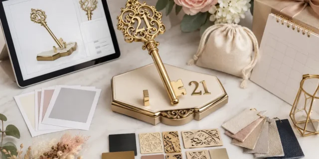 Custom 21st birthday key design checklist with a gold key, colour swatches, pattern samples and digital draft.