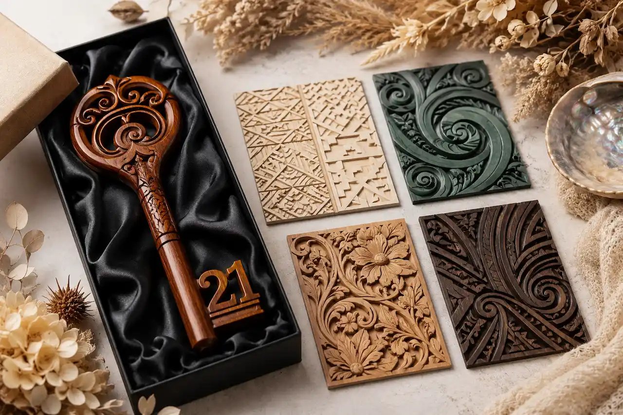 What Information Do I Need to Provide to Get a Custom 21st Birthday Key Made a Complete Checklist 1 Custom 21st birthday key with cultural pattern samples showing geometric, floral and koru-inspired design styles.