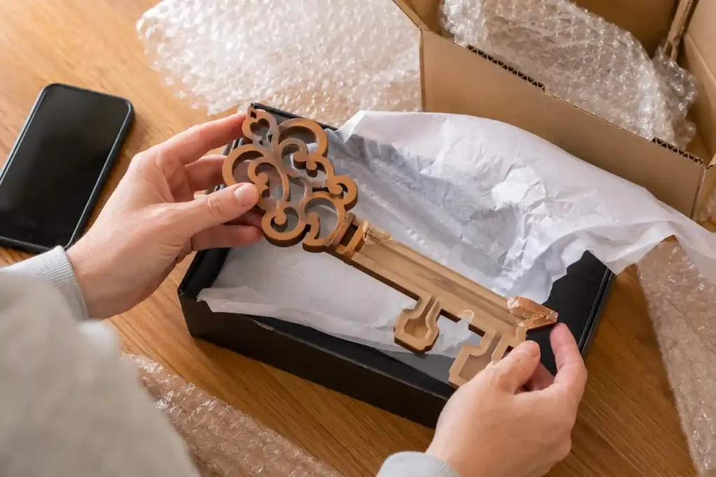 Hands inspecting a damaged handcrafted 21st birthday key after opening its protective packaging.