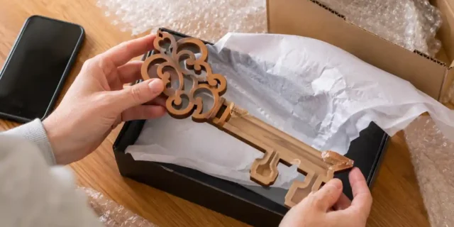 Hands inspecting a damaged handcrafted 21st birthday key after opening its protective packaging.