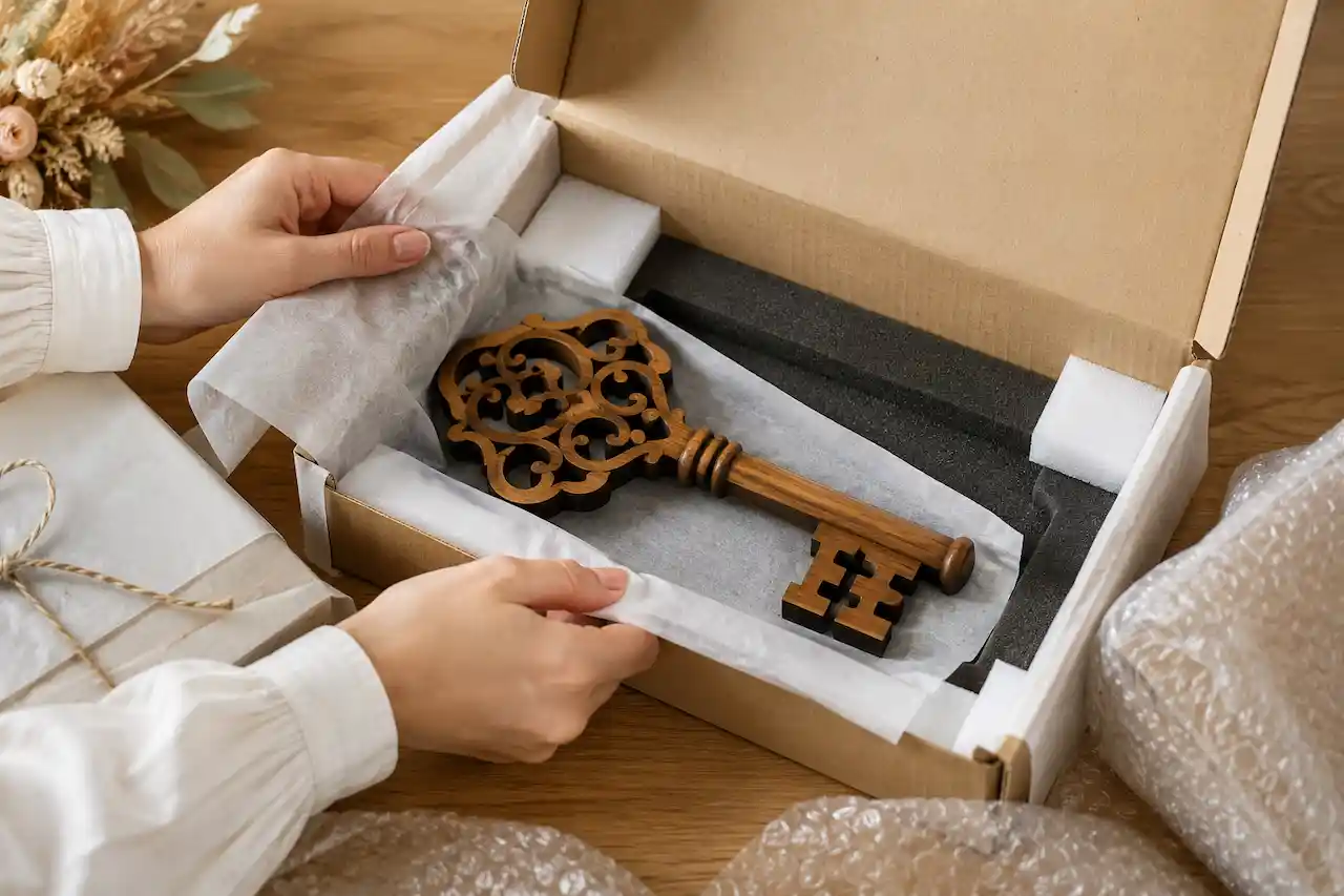 What Happens If My 21st Birthday Key Arrives Damaged — and What Should You Do Next 1 Handcrafted birthday key secured in a padded box with foam, tissue paper and protective bubble wrap.