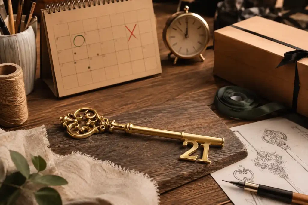 21st birthday key beside a calendar, clock and gift box, highlighting the importance of ordering early.