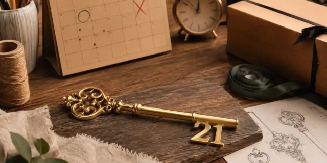 21st birthday key beside a calendar, clock and gift box, highlighting the importance of ordering early.