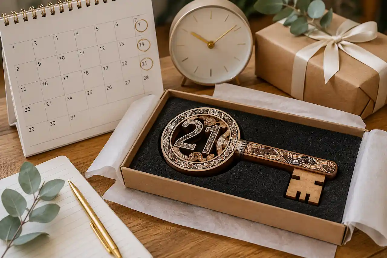 How Far in Advance Should You Order a 21st Birthday Key — and What Happens If You Leave It Too Late 1 Personalised 21st birthday key beside a calendar, clock and gift box to show the ideal ordering lead time.